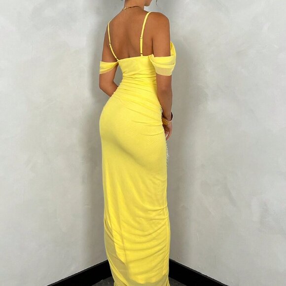 Yellow Women's Summer Solid Color Draped Neck Ruffle Strap Dress - Picture 2 of 4